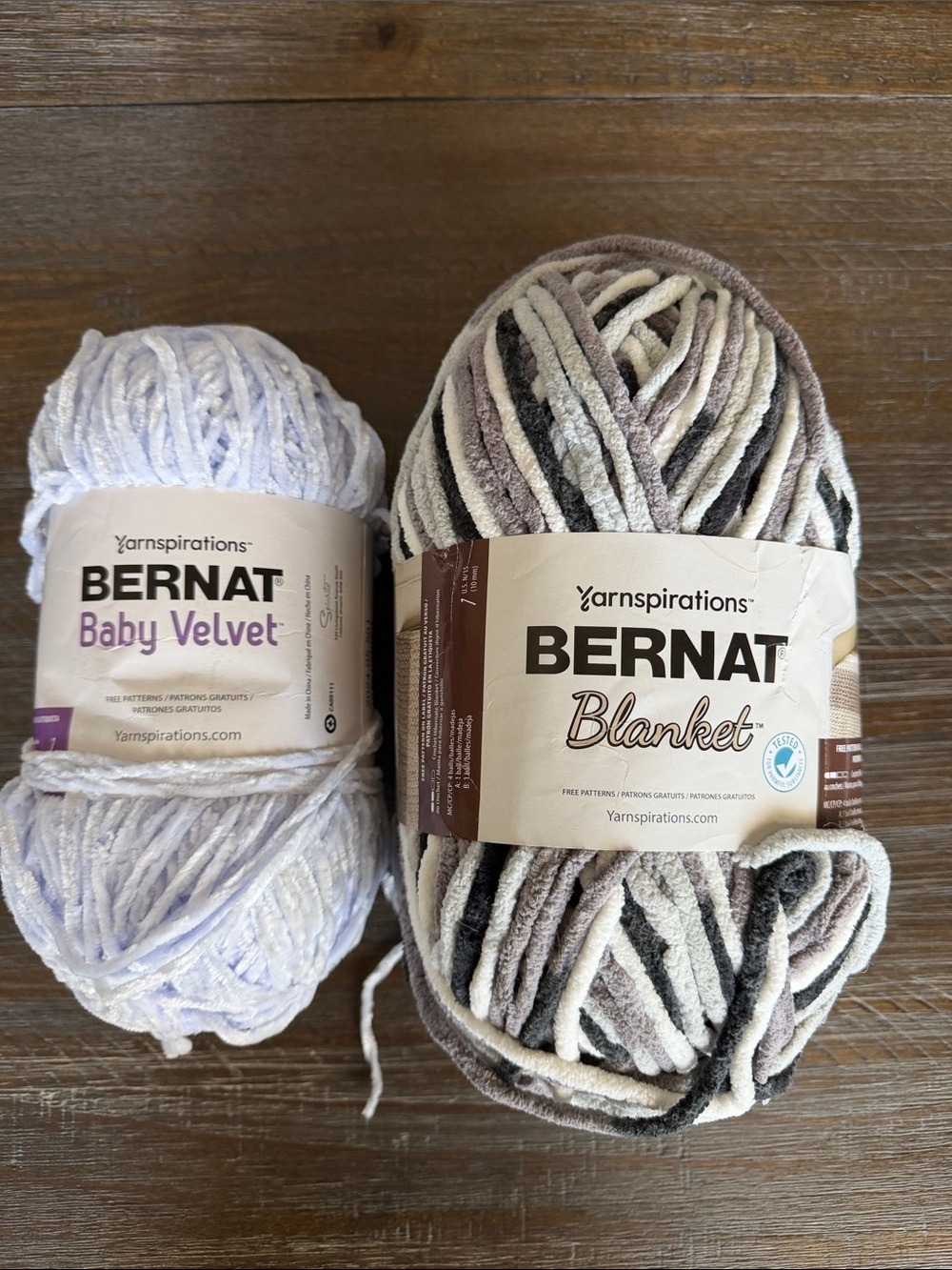 Bernat Baby Velvet in Sky Blue & Bernat Blanket Yarn in Gray Storm Variegated